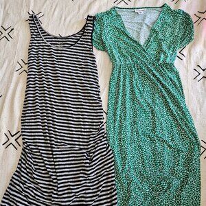 Green Motherhood Maternity flower wrap dress & gray striped maternity dress